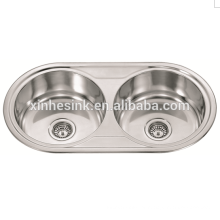 O aço inoxidável SUS 304 Topmounted o dissipador redondo do canto da cozinha com bacia dobro, único dissipador redondo com drainboard